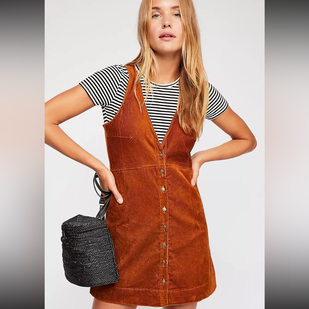 Free People Rust-Brown Corduroy Button Pinafore Mini Dress